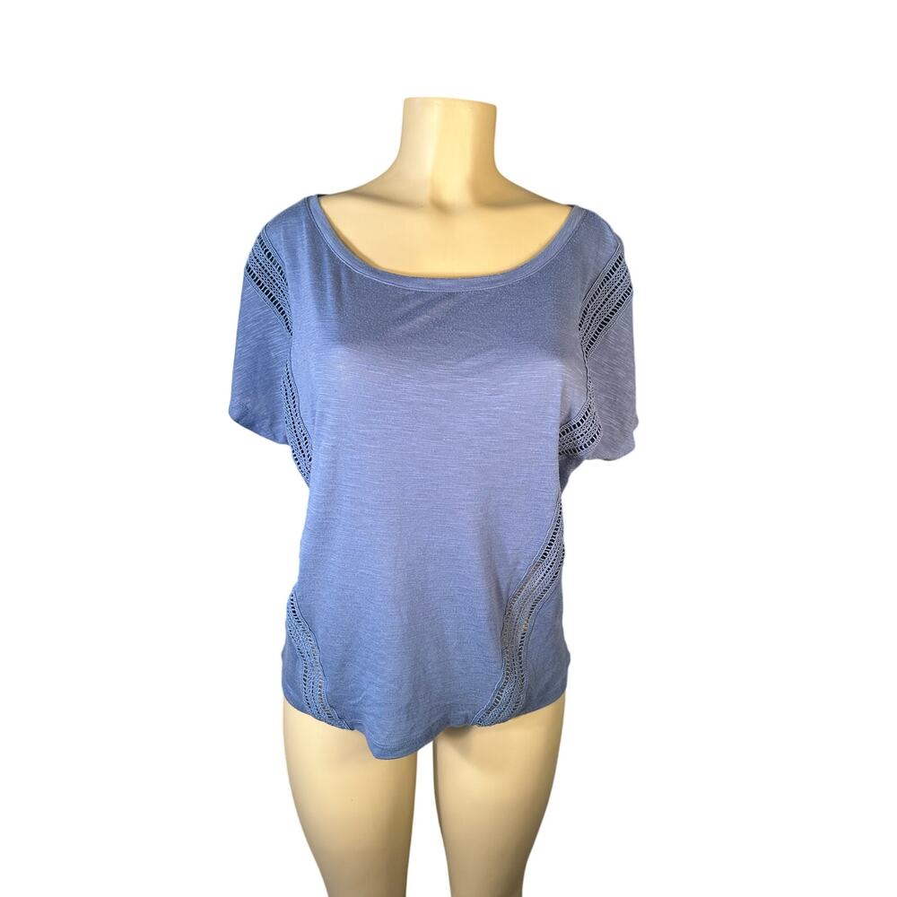 Women S Uniquely Lorna Jane Blue Tee T-Shirt Top Lace Cut-Out Short Slv Run Yoga - Picture 2 of 6